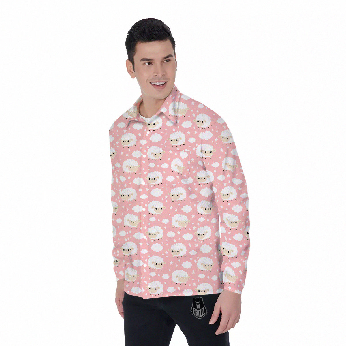 Sheep Cute Print Pattern Men's Long Sleeve Shirts-grizzshop