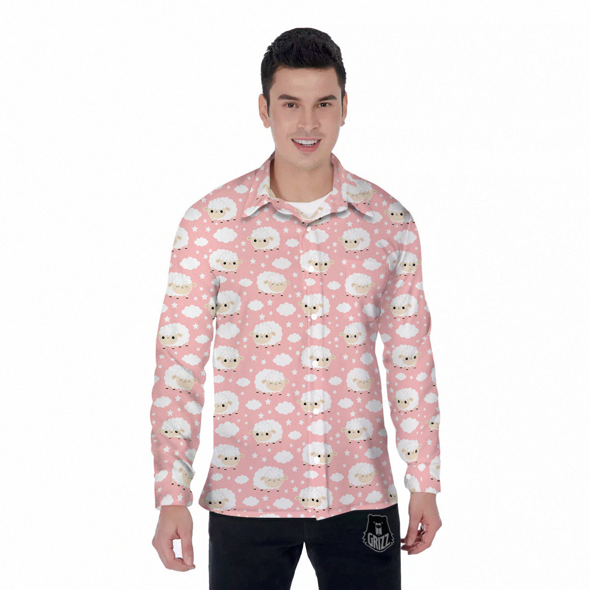 Sheep Cute Print Pattern Men's Long Sleeve Shirts-grizzshop