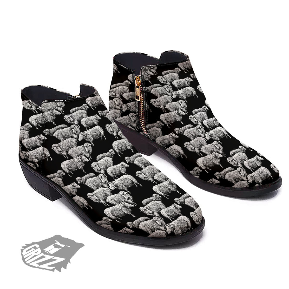 Sheep Doodle Print Pattern Ankle Boots-grizzshop