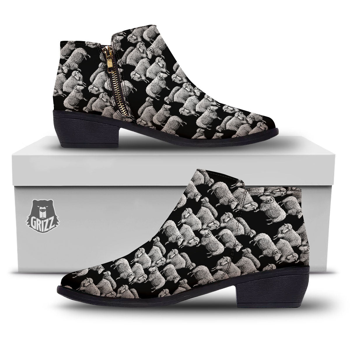 Sheep Doodle Print Pattern Ankle Boots-grizzshop