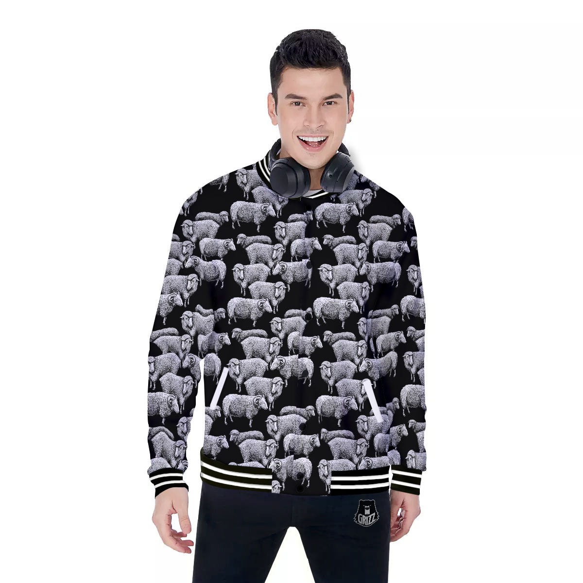 Sheep Doodle Print Pattern Baseball Jacket-grizzshop