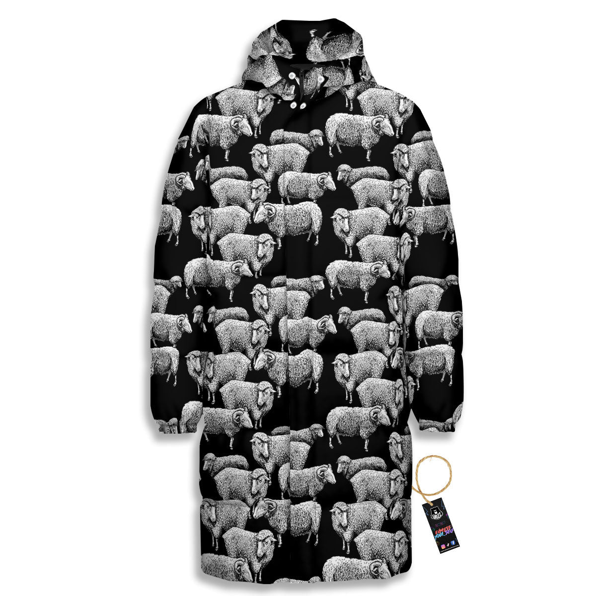 Sheep Doodle Print Pattern Long Down Jacket-grizzshop
