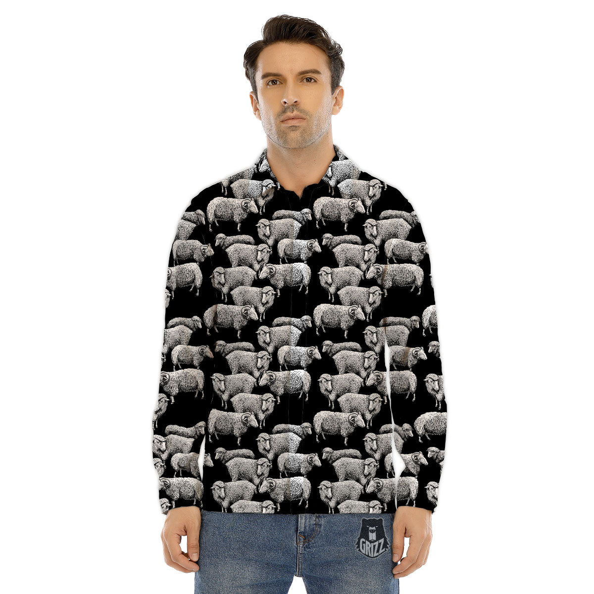 Sheep Doodle Print Pattern Men's Dress Shirts-grizzshop