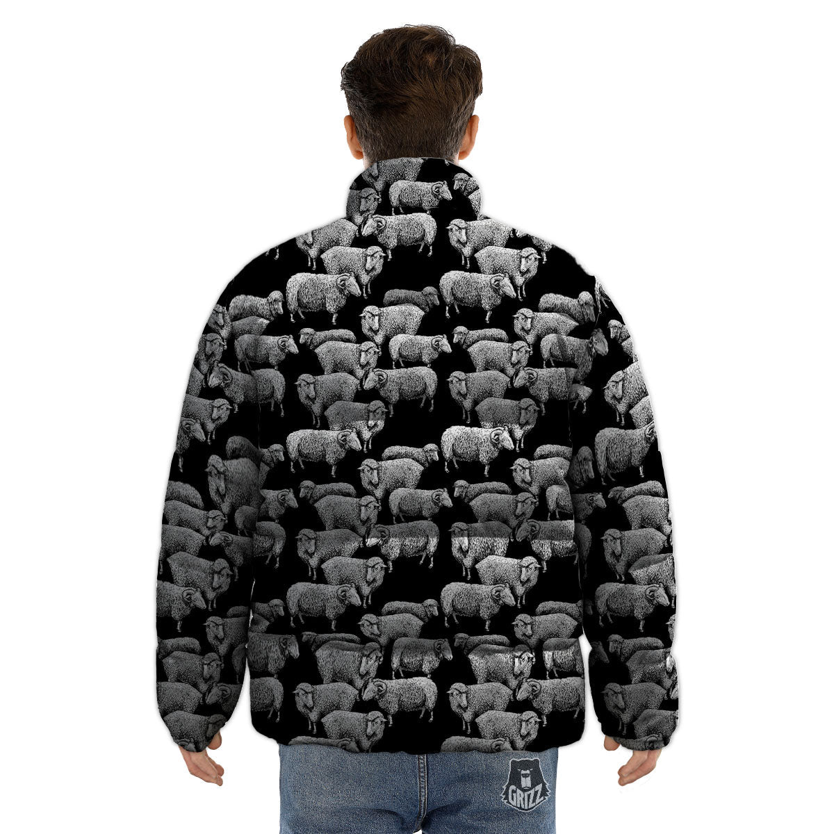 Sheep Doodle Print Pattern Puffer Jacket-grizzshop