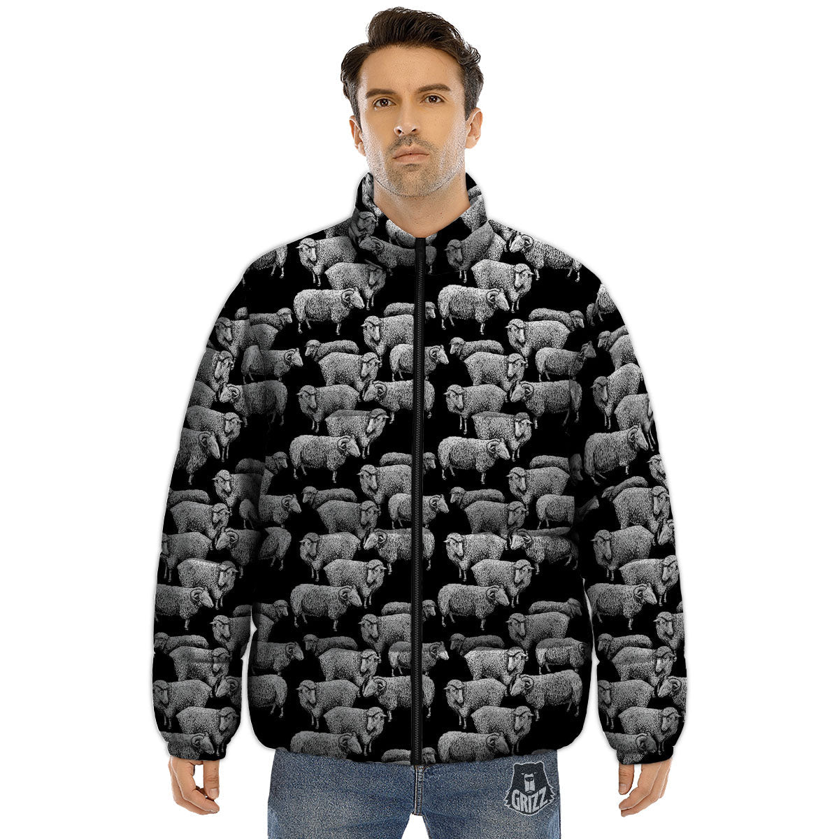 Sheep Doodle Print Pattern Puffer Jacket-grizzshop