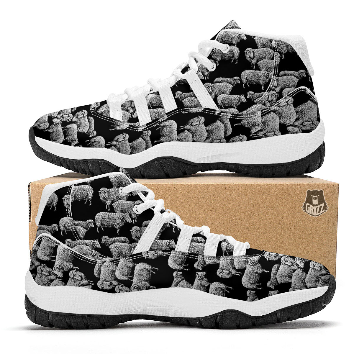 Sheep Doodle Print Pattern White Bball Shoes-grizzshop