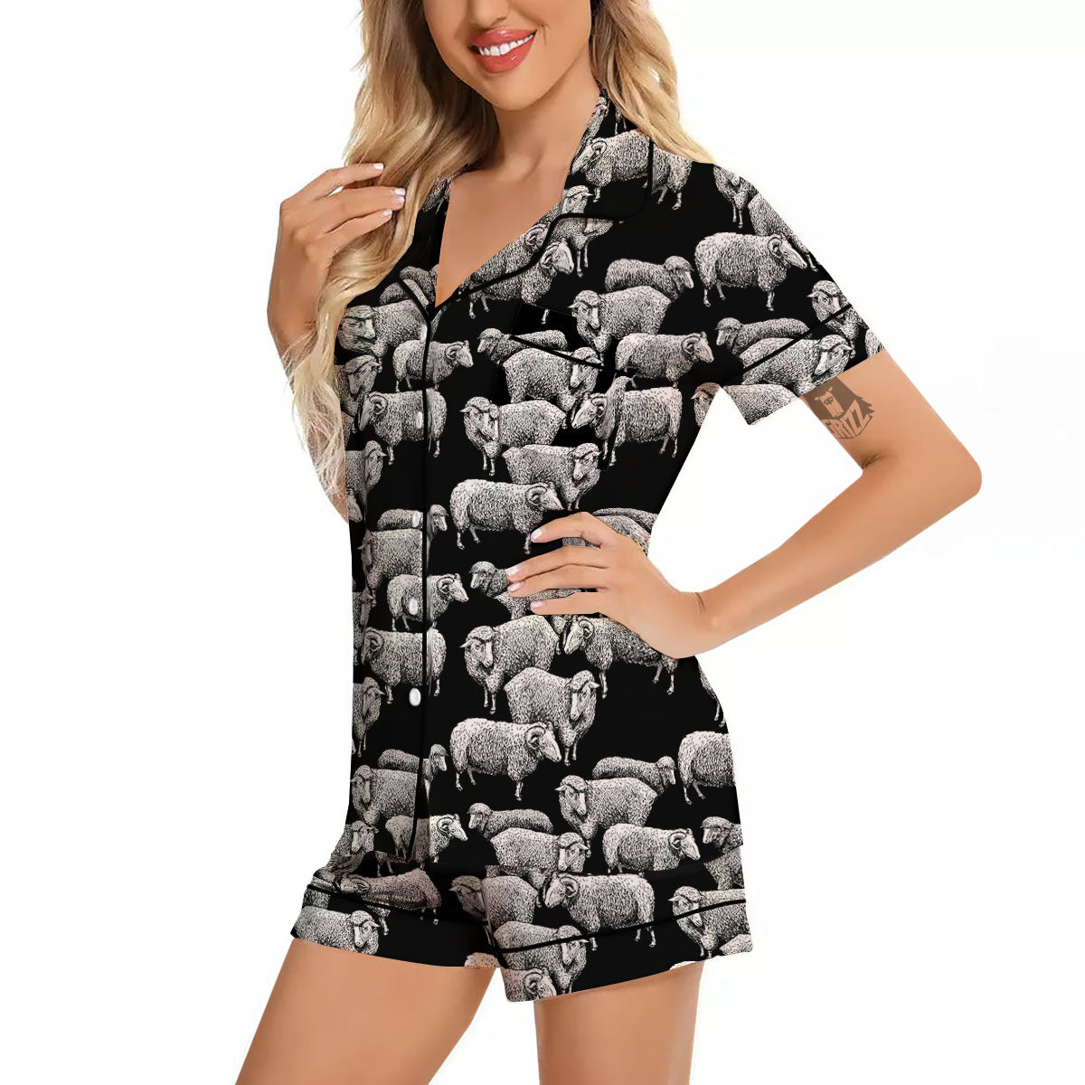 Sheep Doodle Print Pattern Women Silk Pajamas-grizzshop
