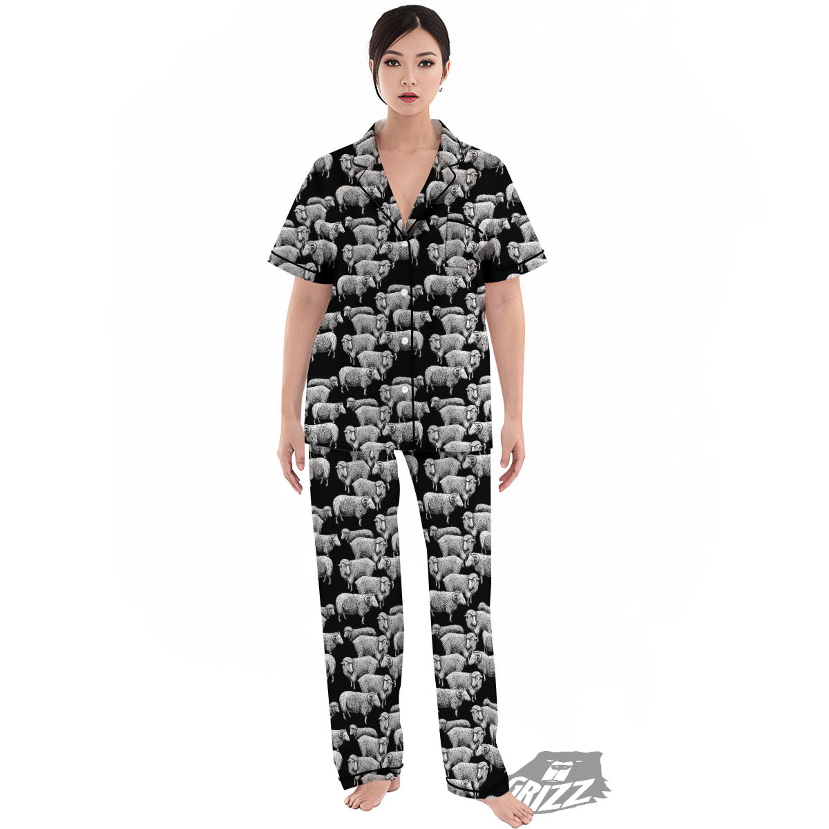 Sheep Doodle Print Pattern Women's Pajamas Set-grizzshop