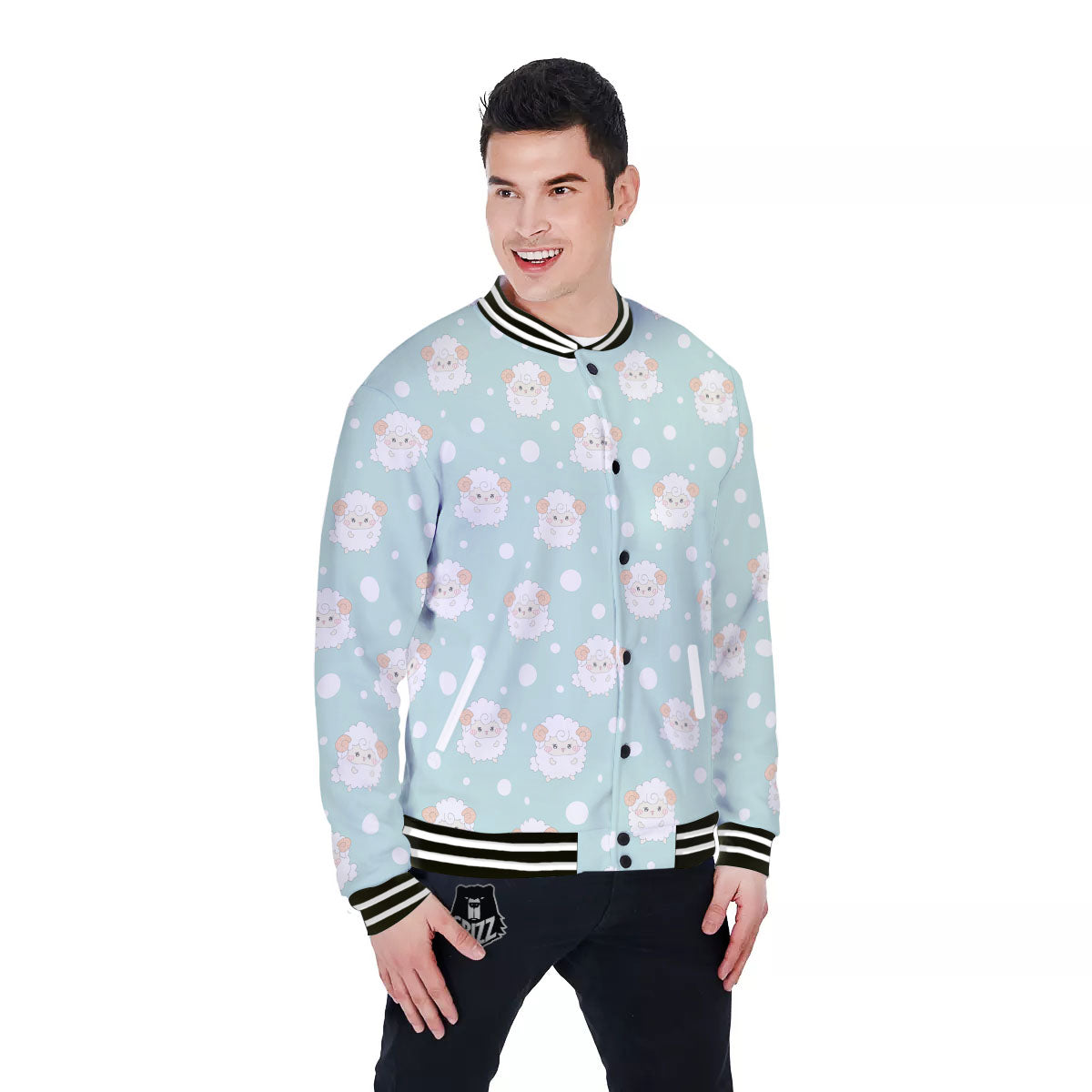 Sheep Kawaii Print Pattern Baseball Jacket-grizzshop