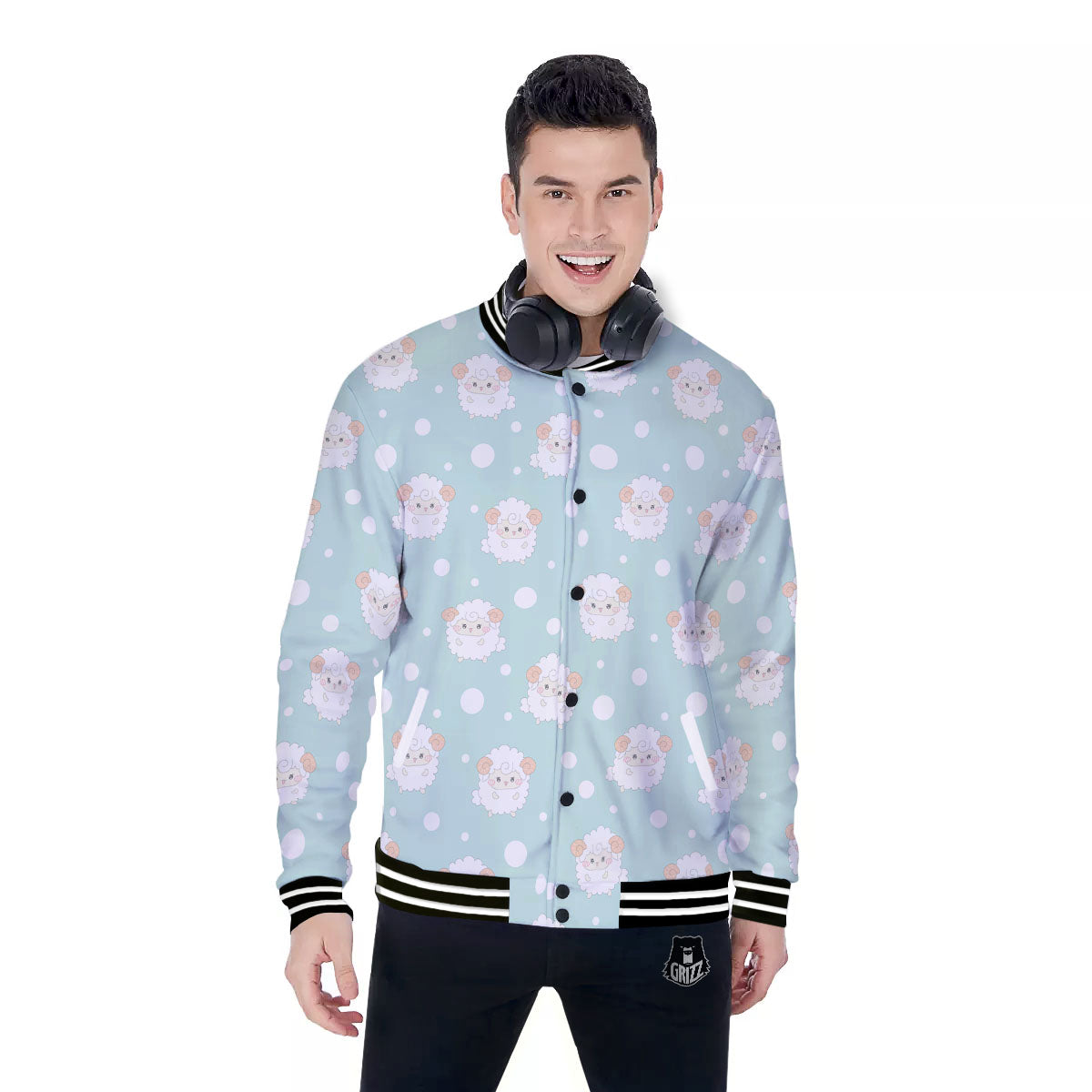 Sheep Kawaii Print Pattern Baseball Jacket-grizzshop