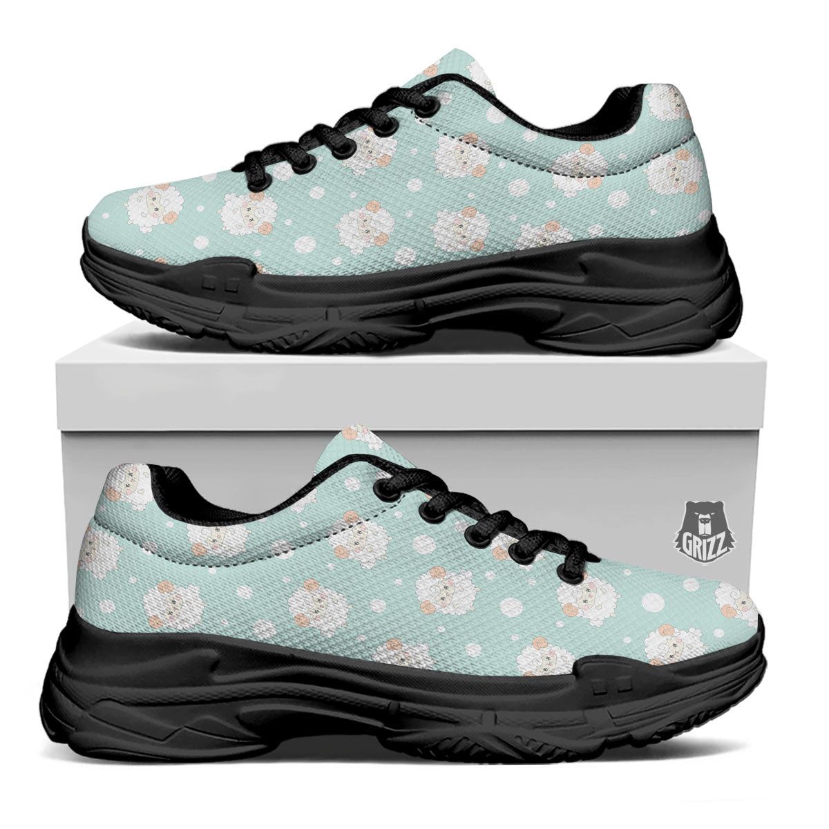 Sheep Kawaii Print Pattern Black Chunky Shoes-grizzshop