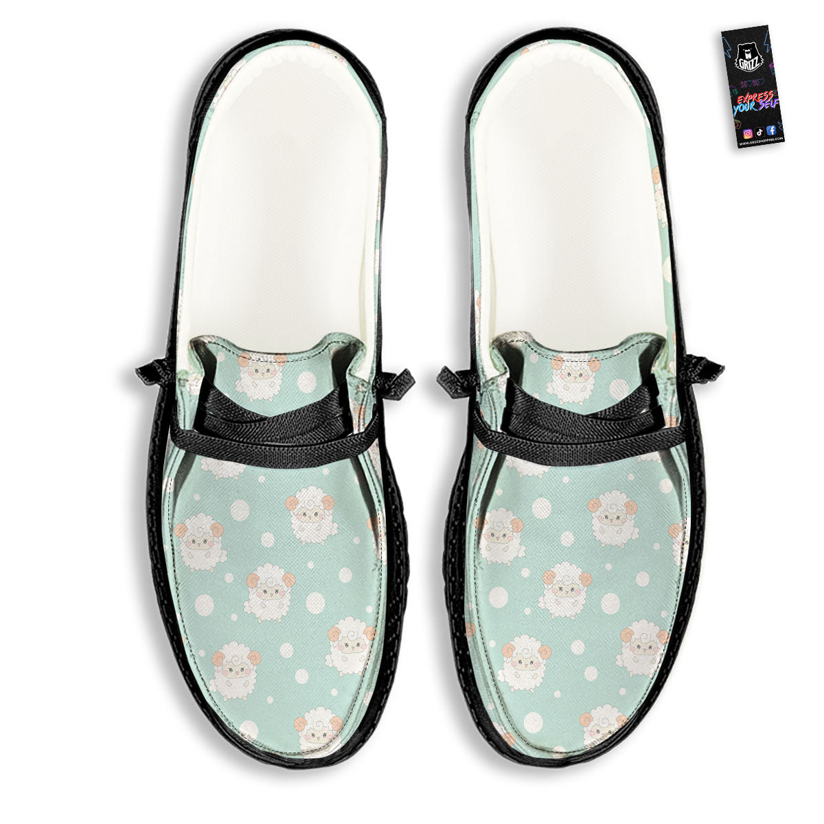 Sheep Kawaii Print Pattern Black Loafers-grizzshop