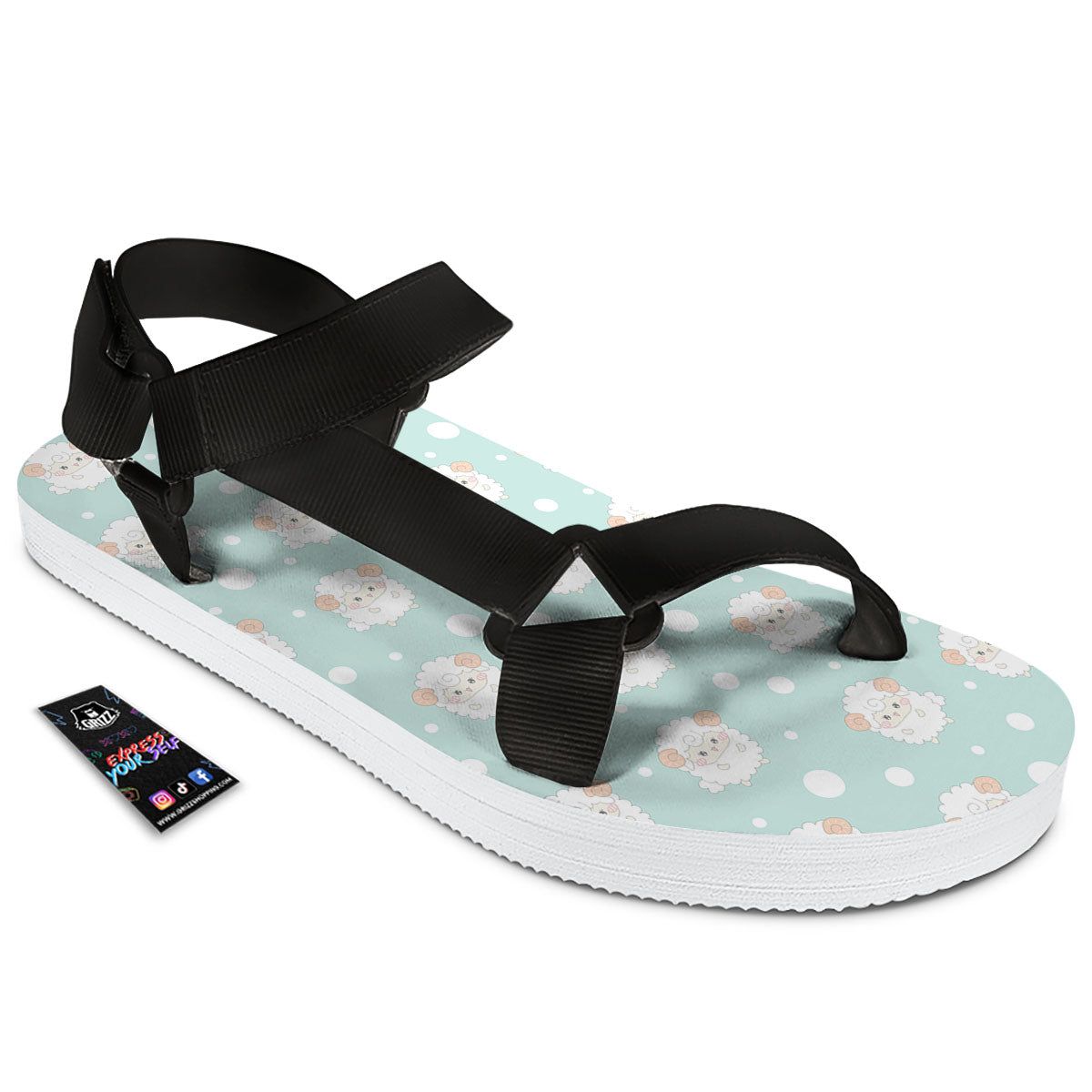 Sheep Kawaii Print Pattern Black Open Toe Sandals-grizzshop