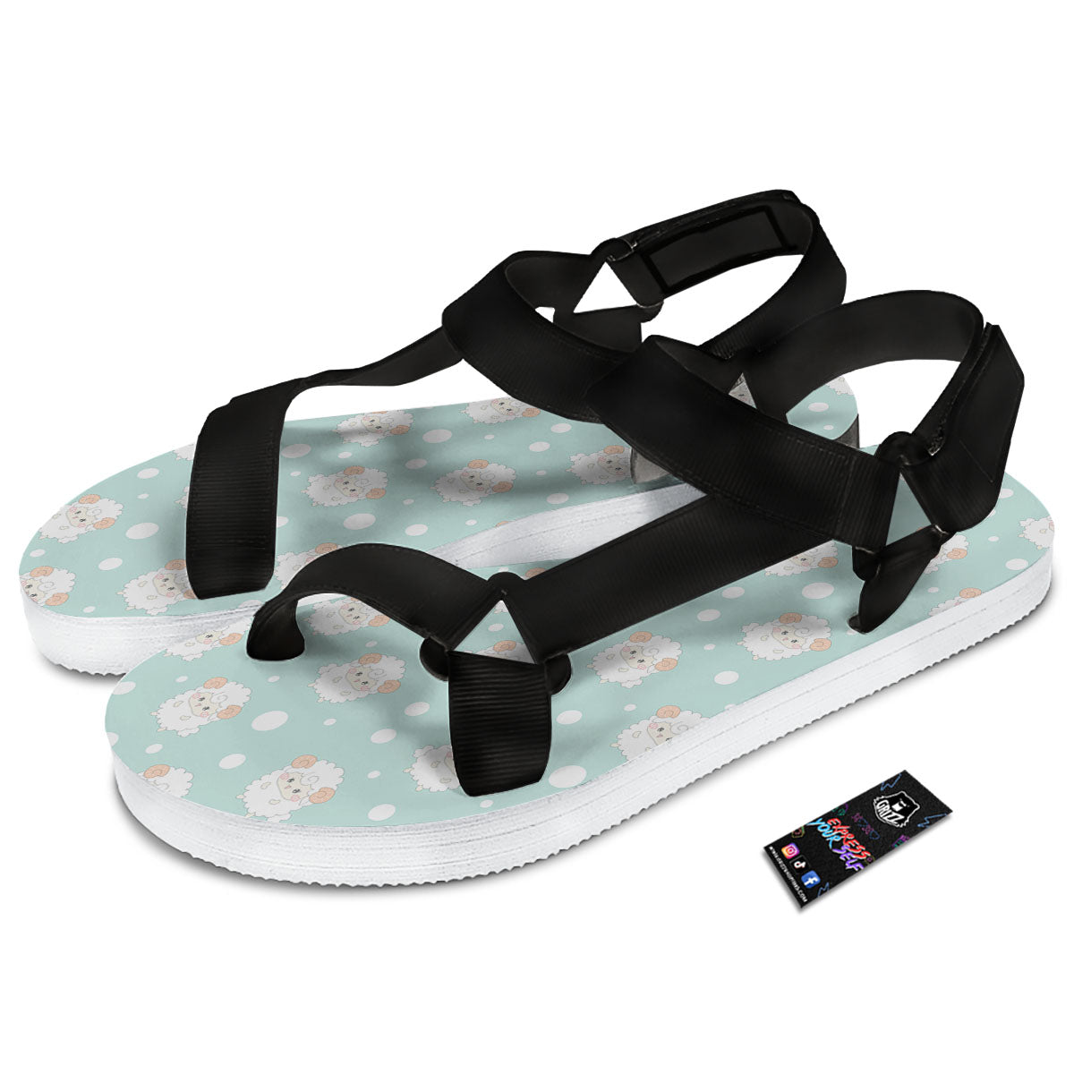 Sheep Kawaii Print Pattern Black Open Toe Sandals-grizzshop