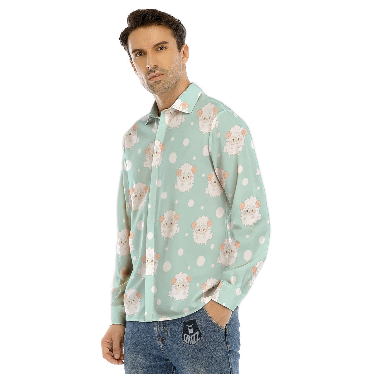 Sheep Kawaii Print Pattern Men's Dress Shirts-grizzshop