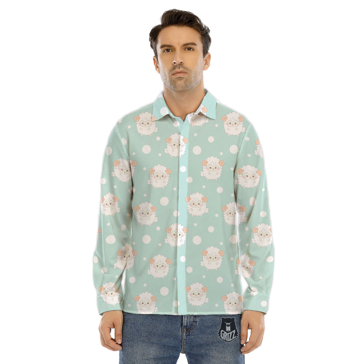 Sheep Kawaii Print Pattern Men's Dress Shirts-grizzshop