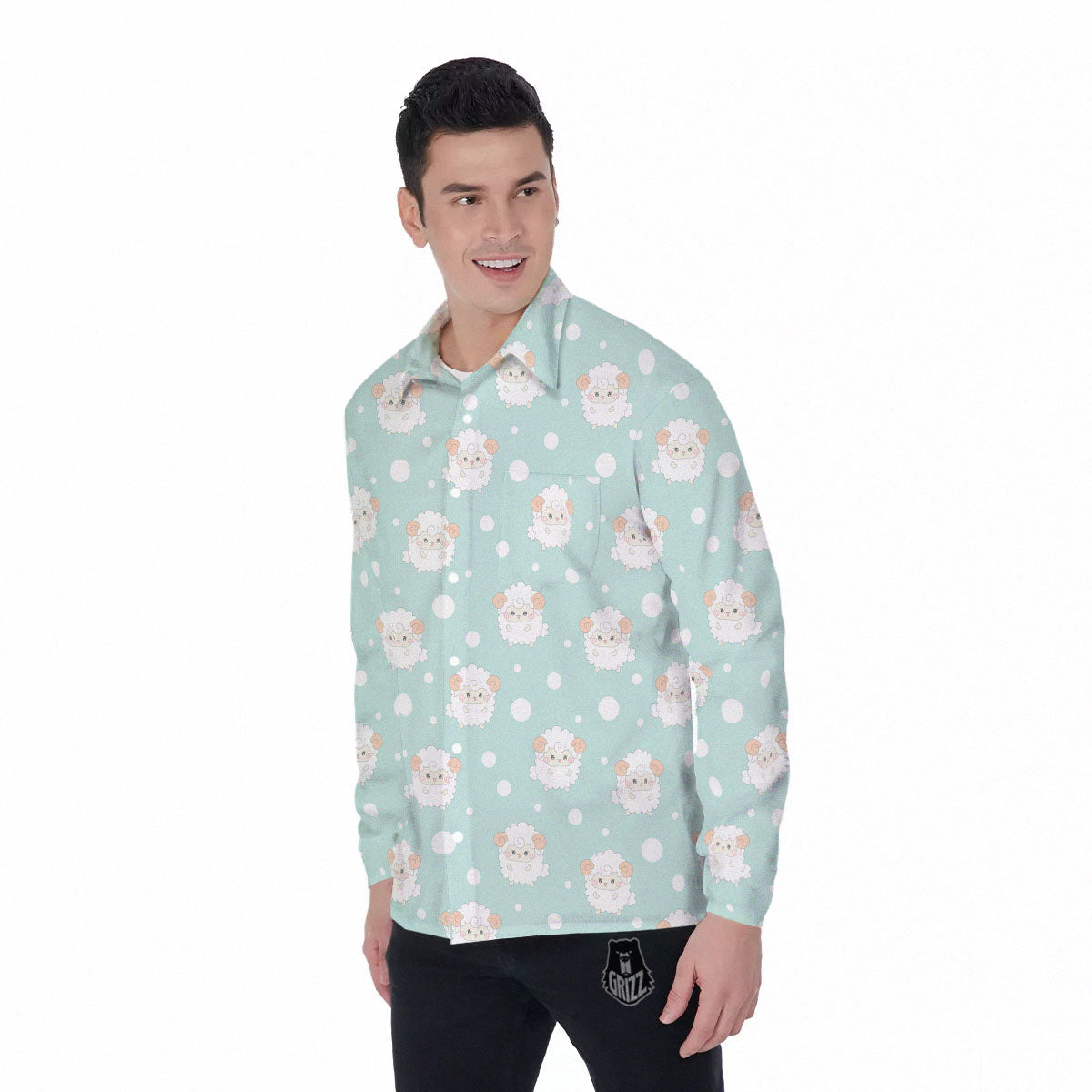 Sheep Kawaii Print Pattern Men's Long Sleeve Shirts-grizzshop