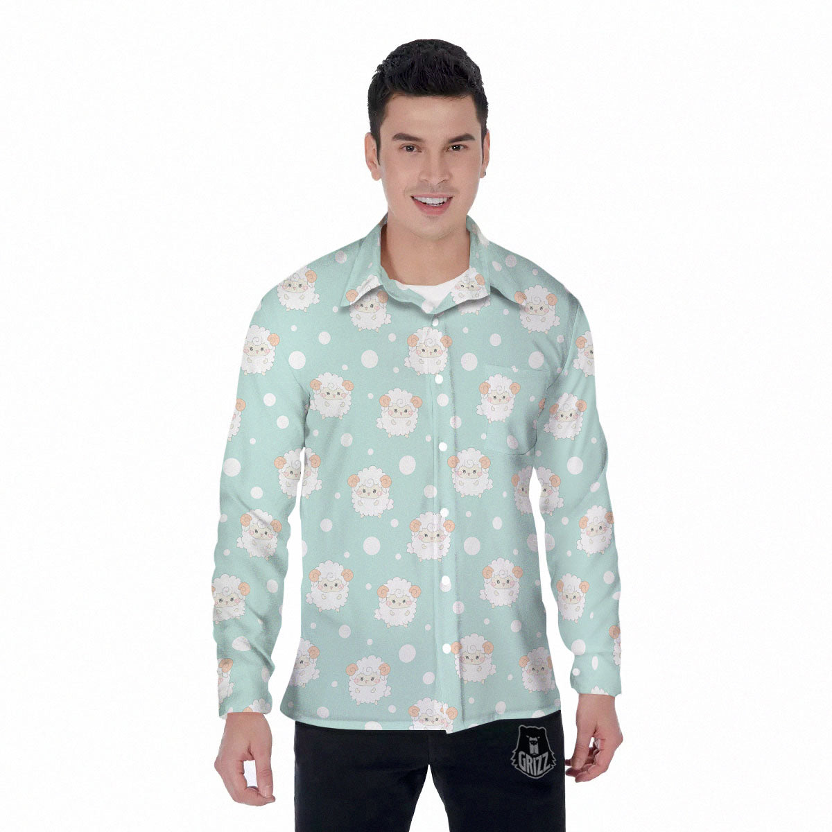 Sheep Kawaii Print Pattern Men's Long Sleeve Shirts-grizzshop