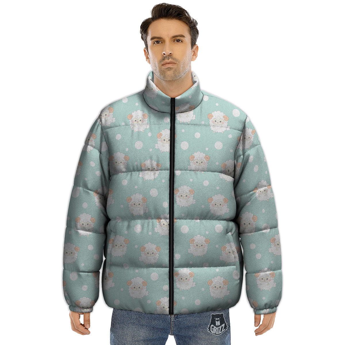 Sheep Kawaii Print Pattern Puffer Jacket-grizzshop