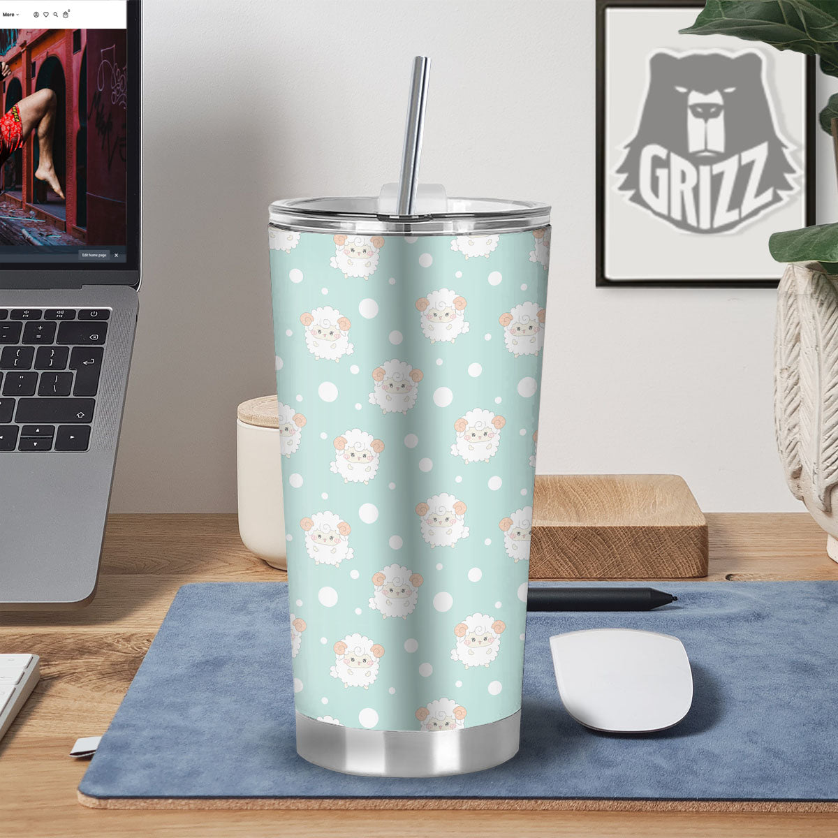 Sheep Kawaii Print Pattern Tumbler-grizzshop