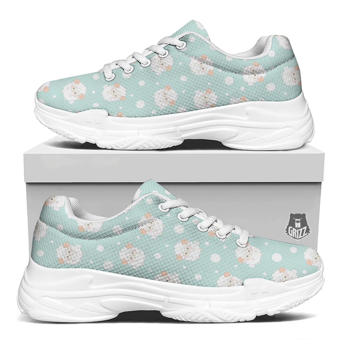 Sheep Kawaii Print Pattern White Chunky Shoes-grizzshop