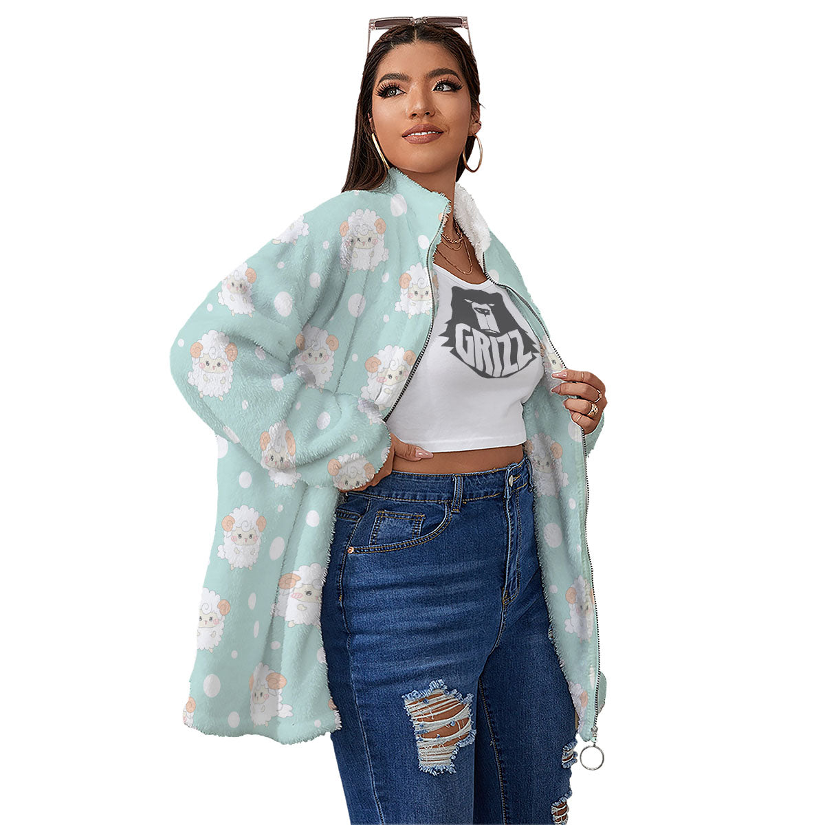 Sheep Kawaii Print Pattern Women's Sherpa Jacket-grizzshop