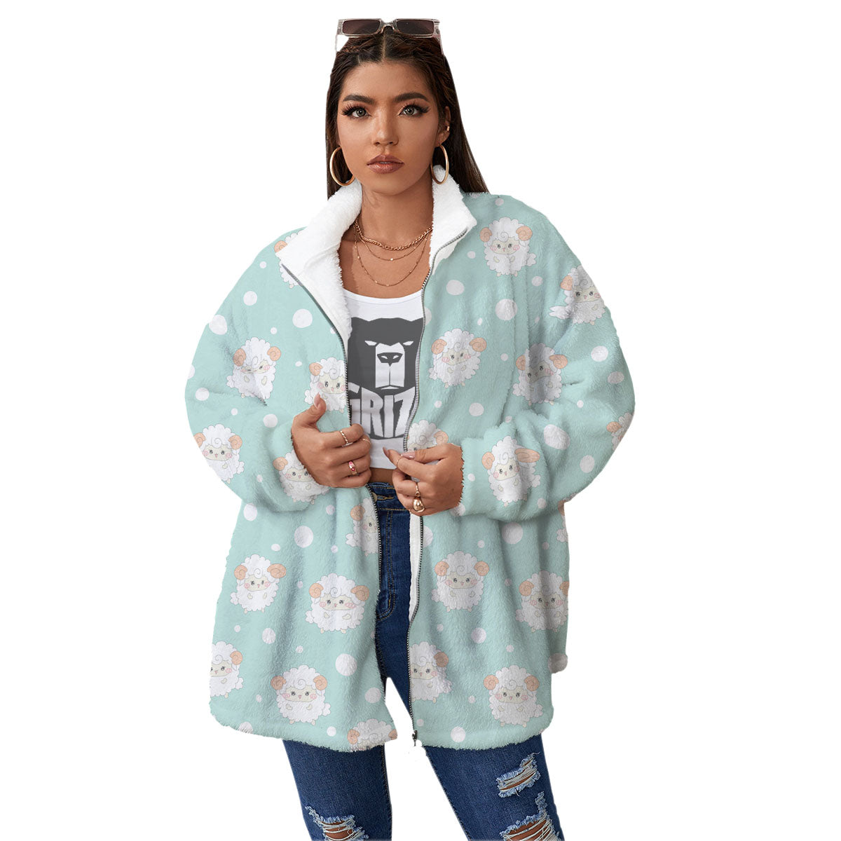 Sheep Kawaii Print Pattern Women's Sherpa Jacket-grizzshop