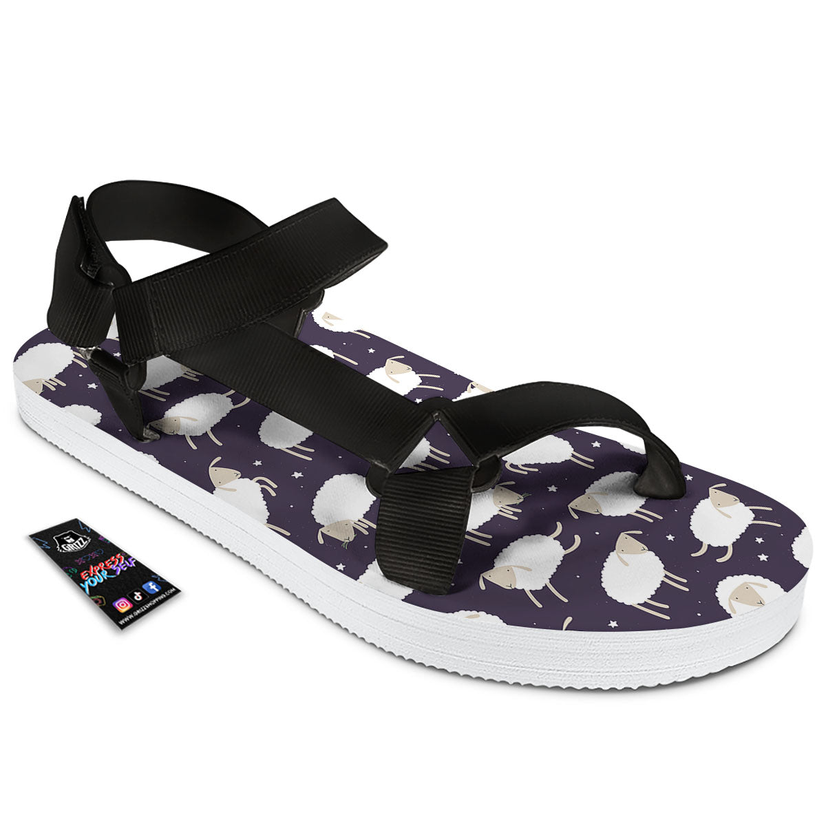 Sheep Print Pattern Black Open Toe Sandals-grizzshop