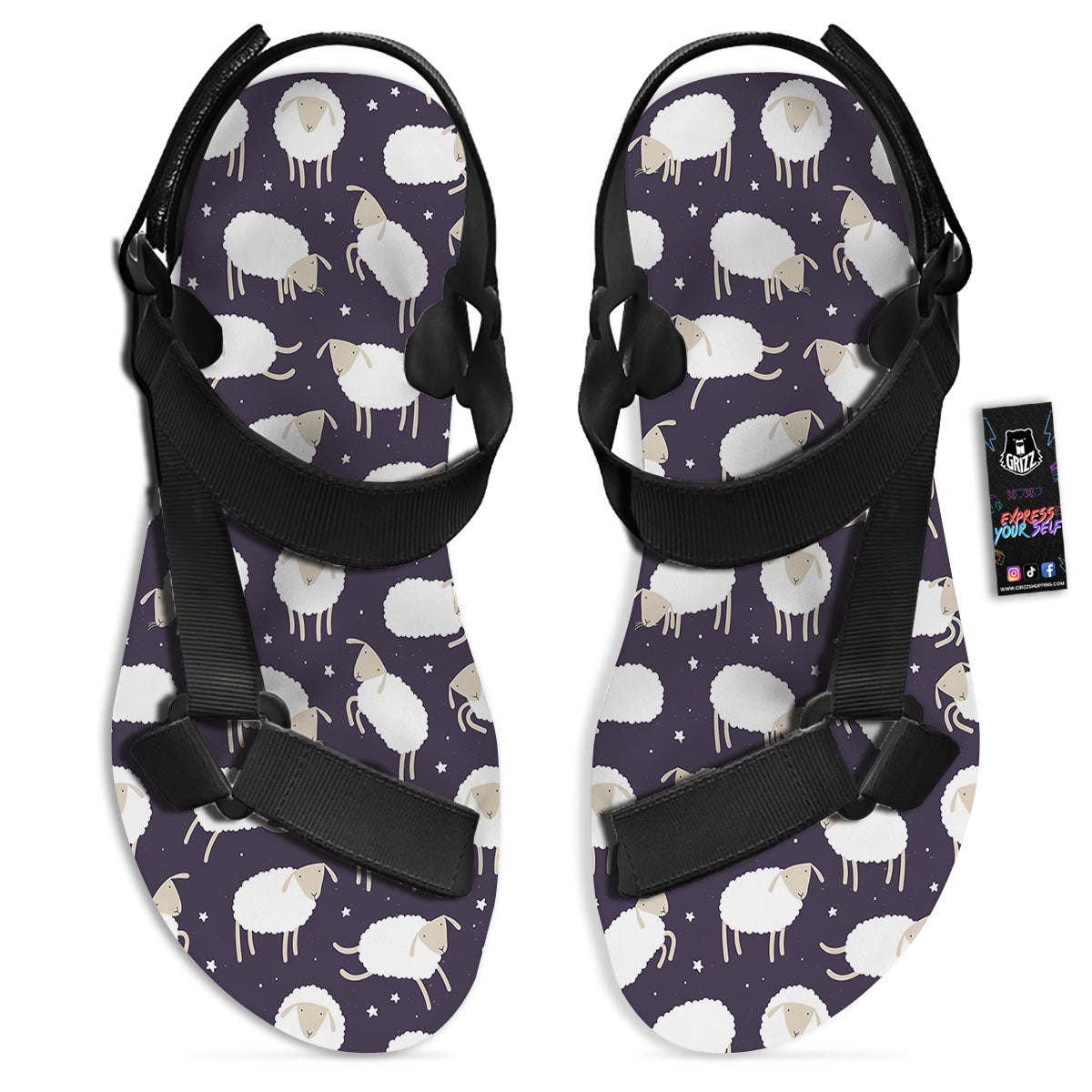 Sheep Print Pattern Black Open Toe Sandals-grizzshop