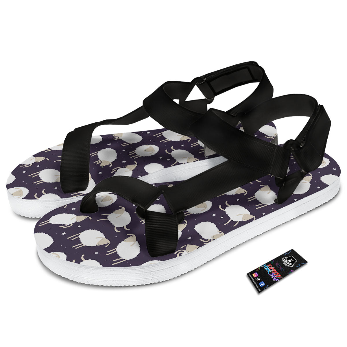 Sheep Print Pattern Black Open Toe Sandals-grizzshop
