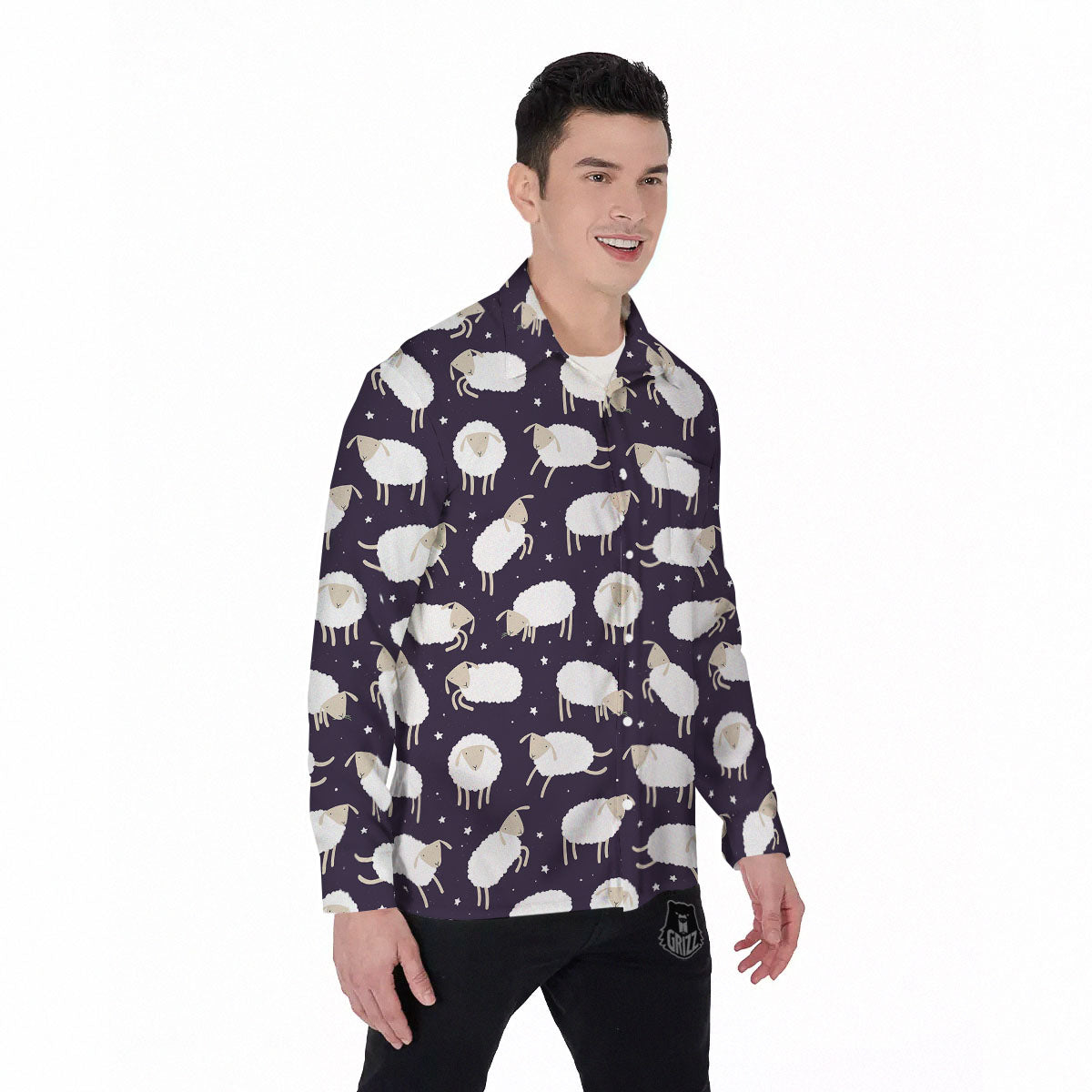 Sheep Print Pattern Men's Long Sleeve Shirts-grizzshop