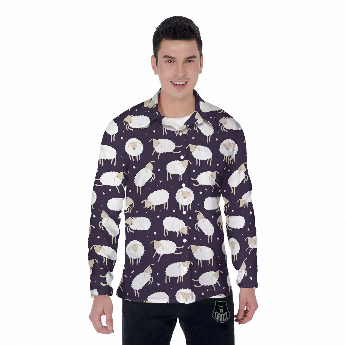 Sheep Print Pattern Men's Long Sleeve Shirts-grizzshop