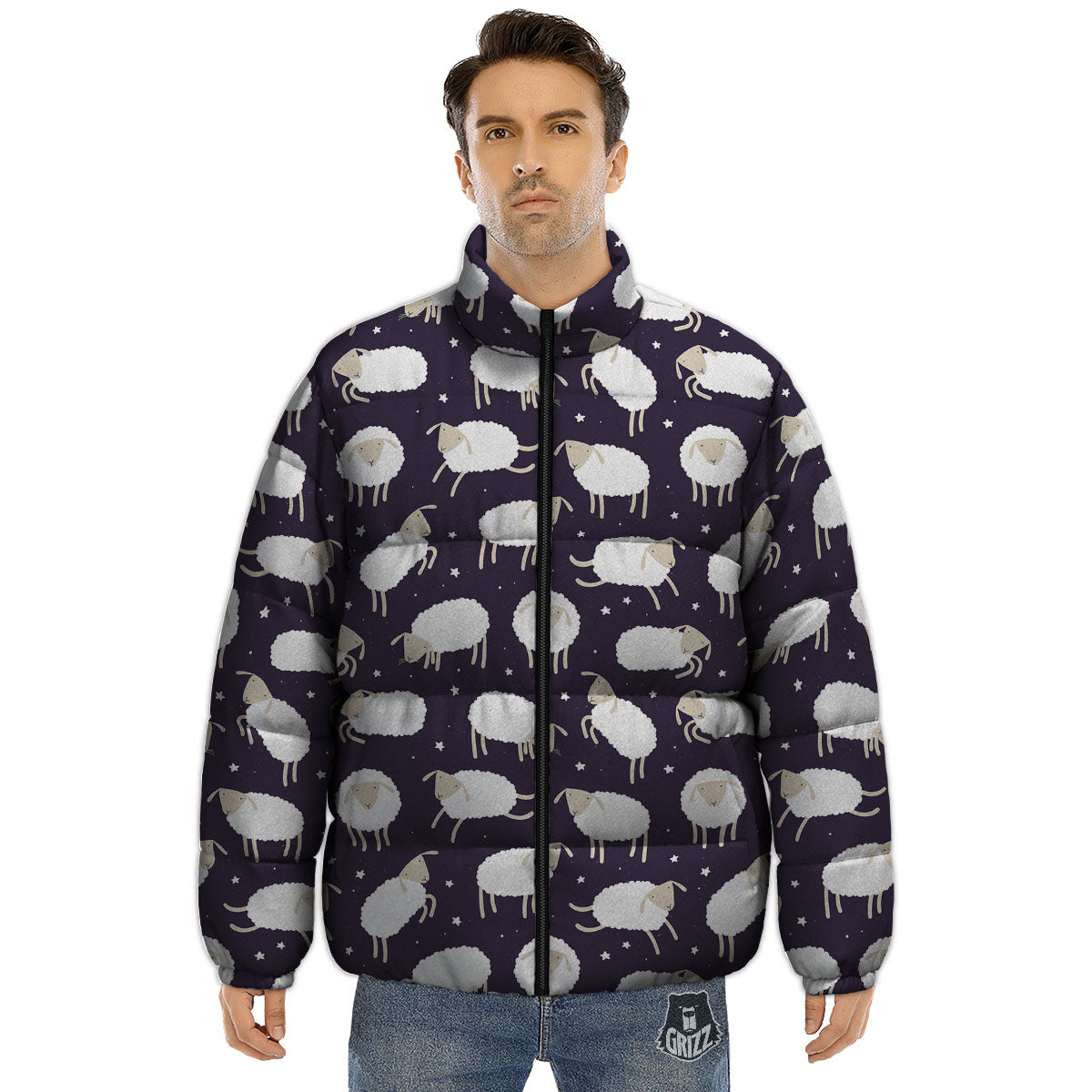 Sheep Print Pattern Puffer Jacket-grizzshop