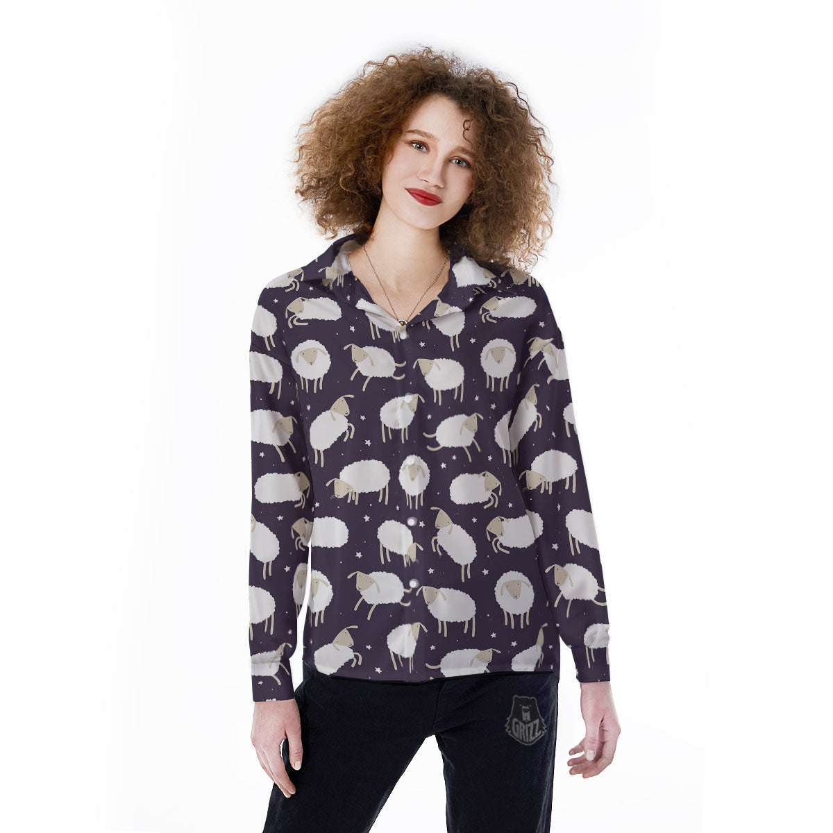 Sheep Print Pattern Women's Long Sleeve Shirts-grizzshop