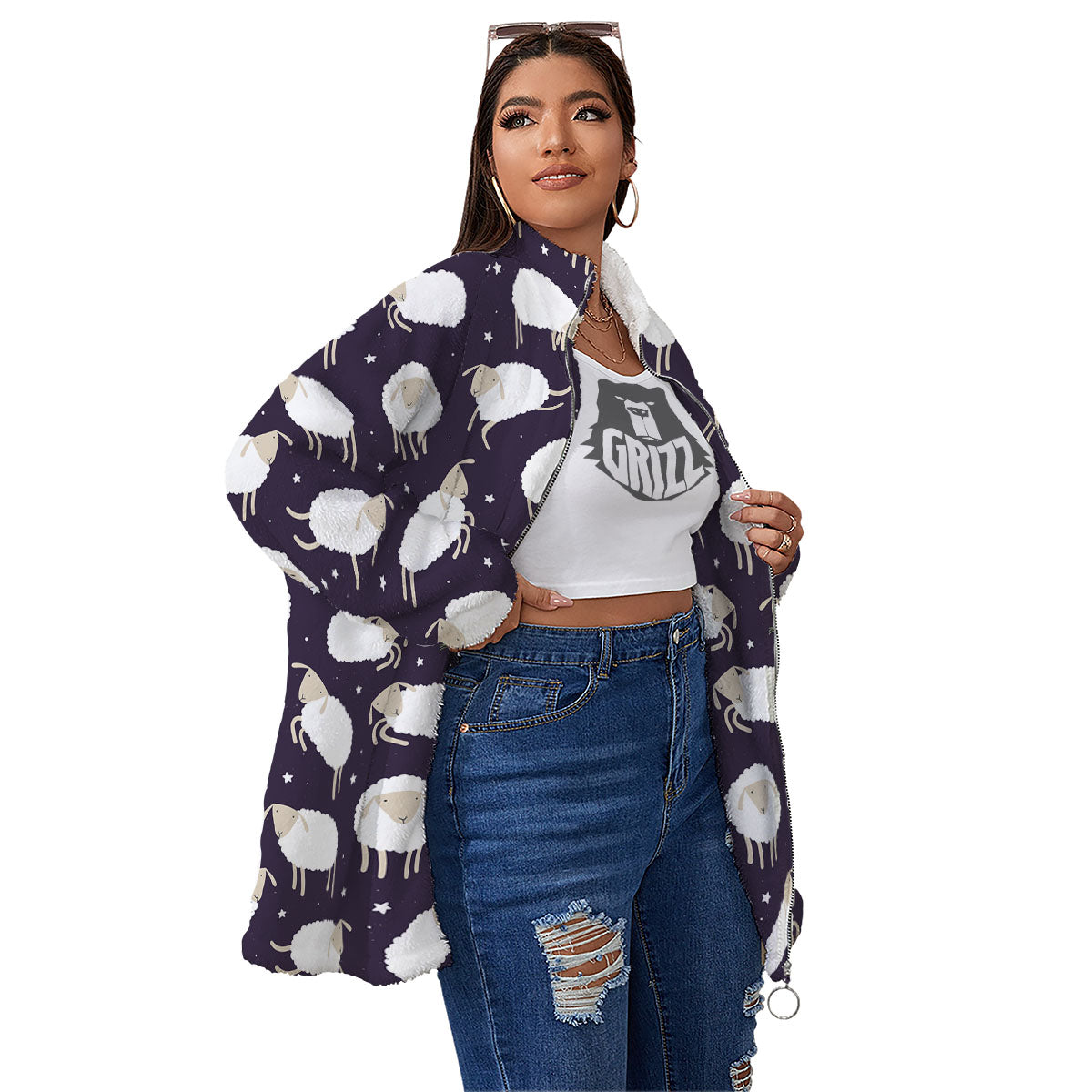 Sheep Print Pattern Women's Sherpa Jacket-grizzshop