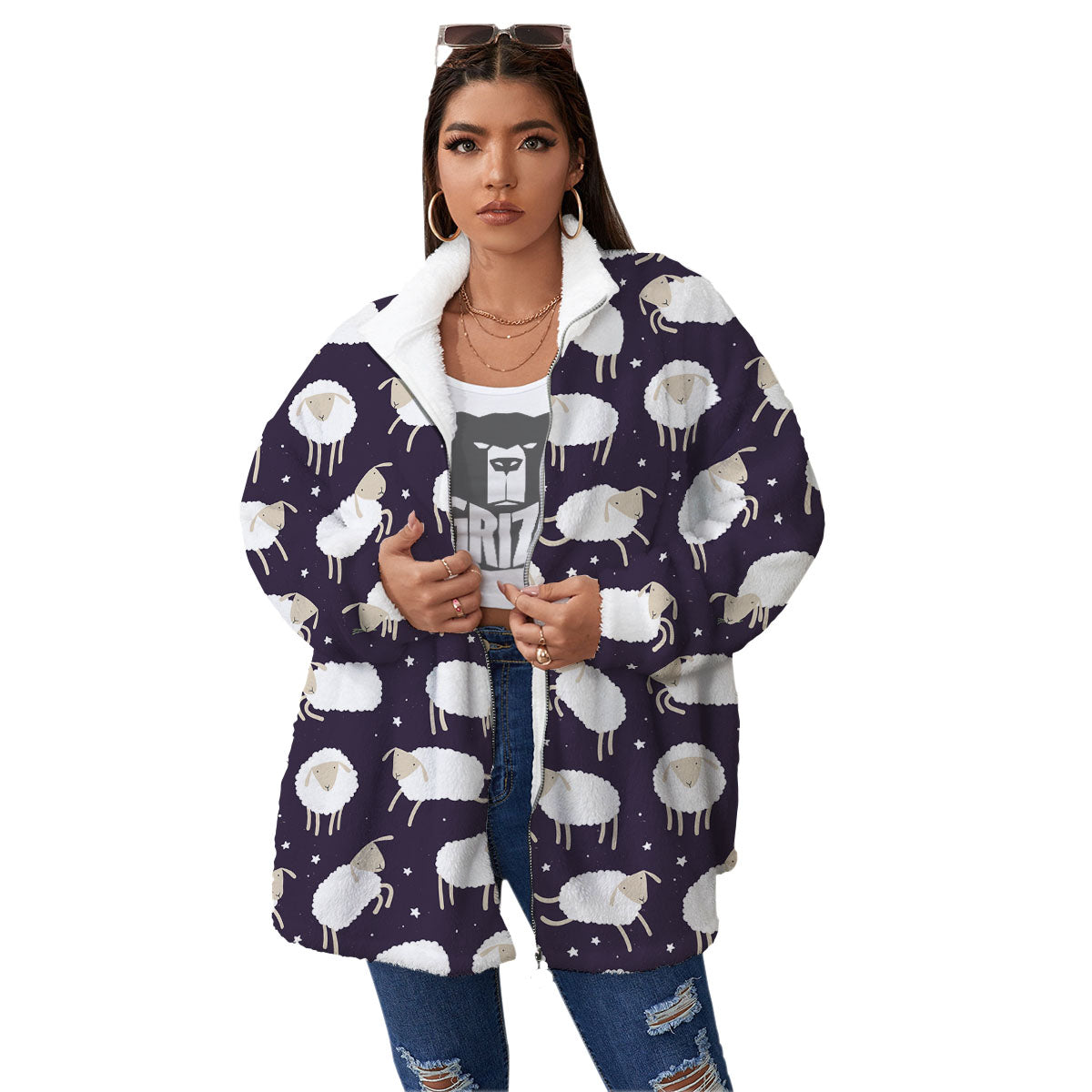 Sheep Print Pattern Women's Sherpa Jacket-grizzshop
