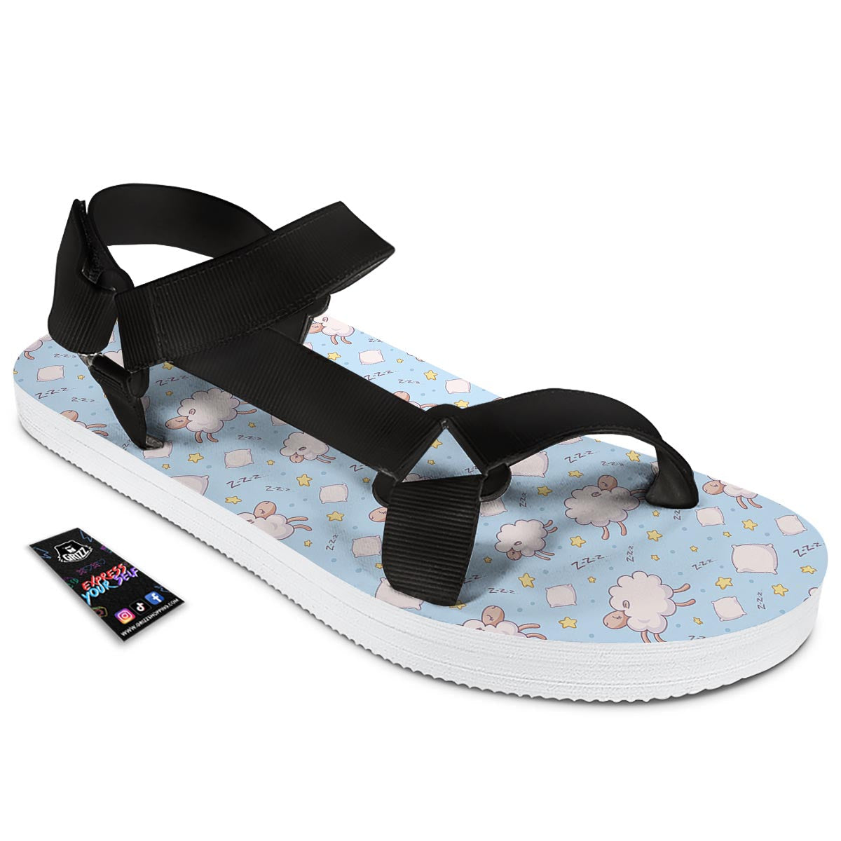 Sheep Sleeping Print Pattern Black Open Toe Sandals-grizzshop