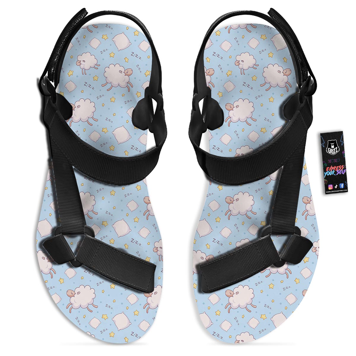 Sheep Sleeping Print Pattern Black Open Toe Sandals-grizzshop