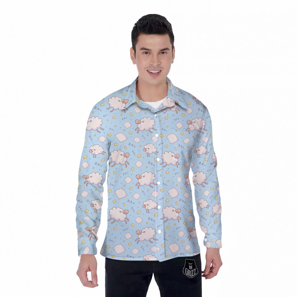 Sheep Sleeping Print Pattern Men's Long Sleeve Shirts-grizzshop