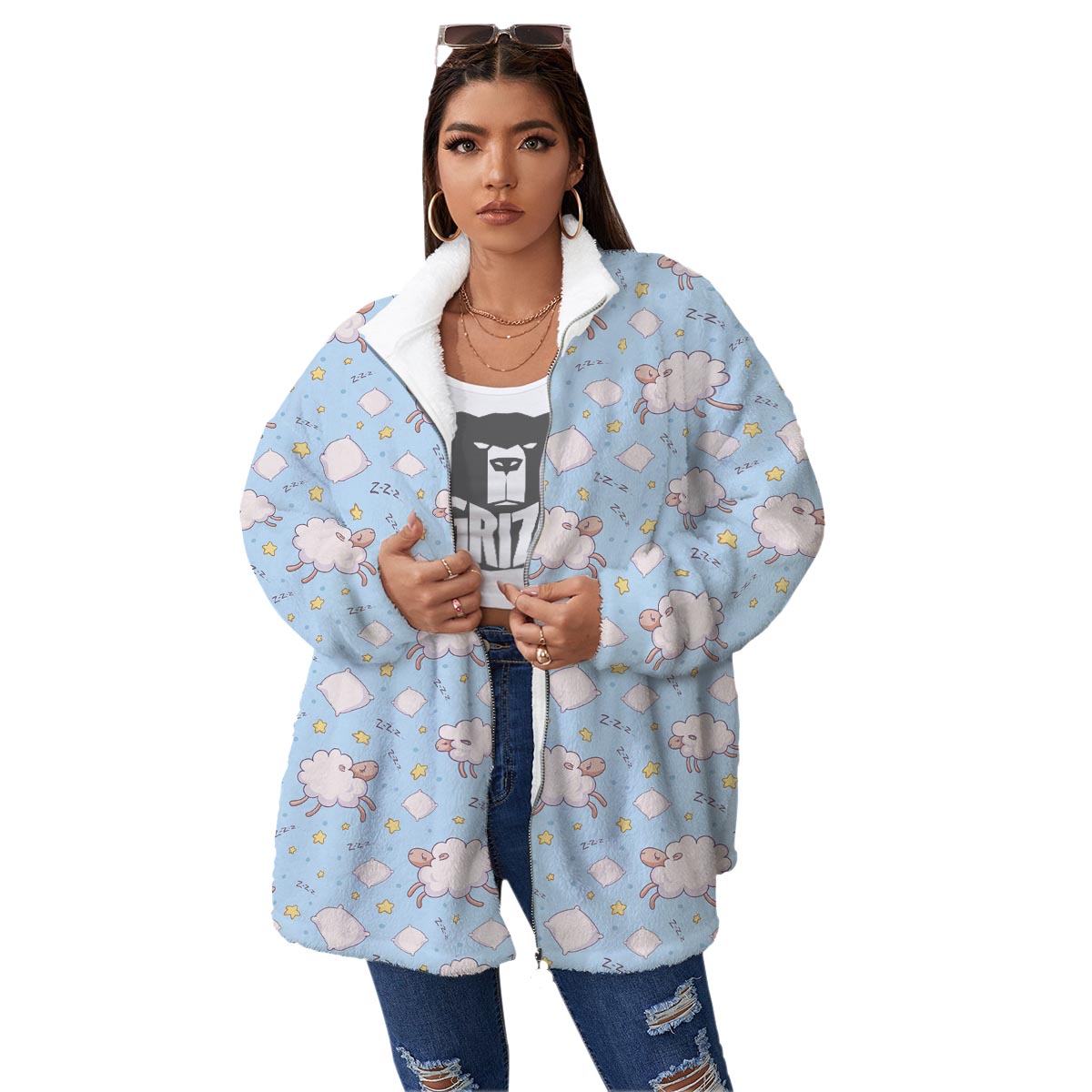 Sheep Sleeping Print Pattern Women's Sherpa Jacket-grizzshop
