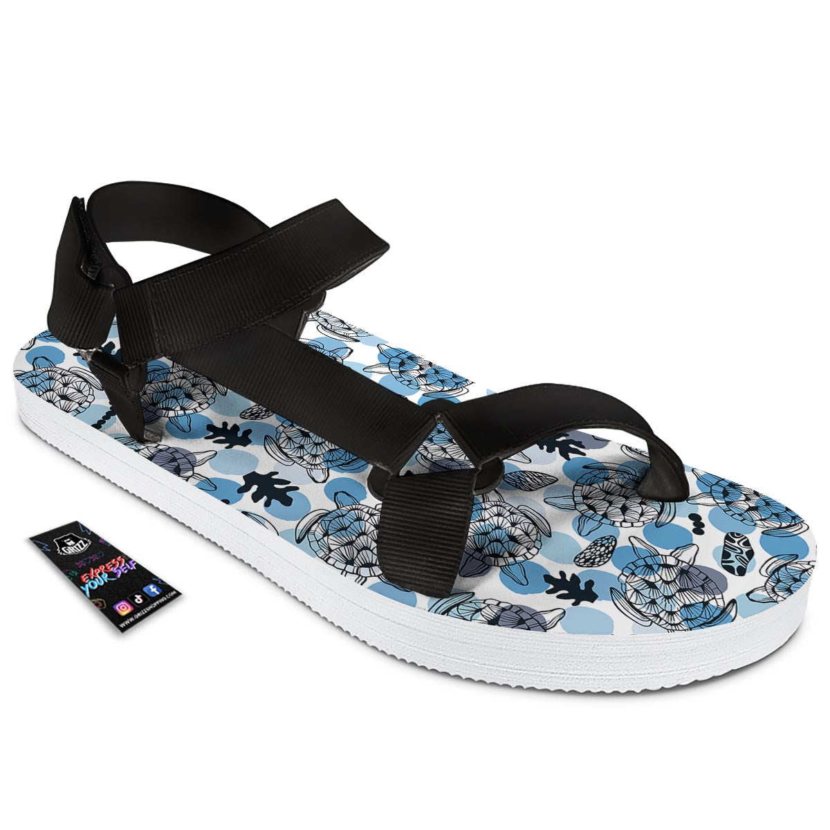 Shell Sea Turtle Print Pattern Black Open Toe Sandals-grizzshop