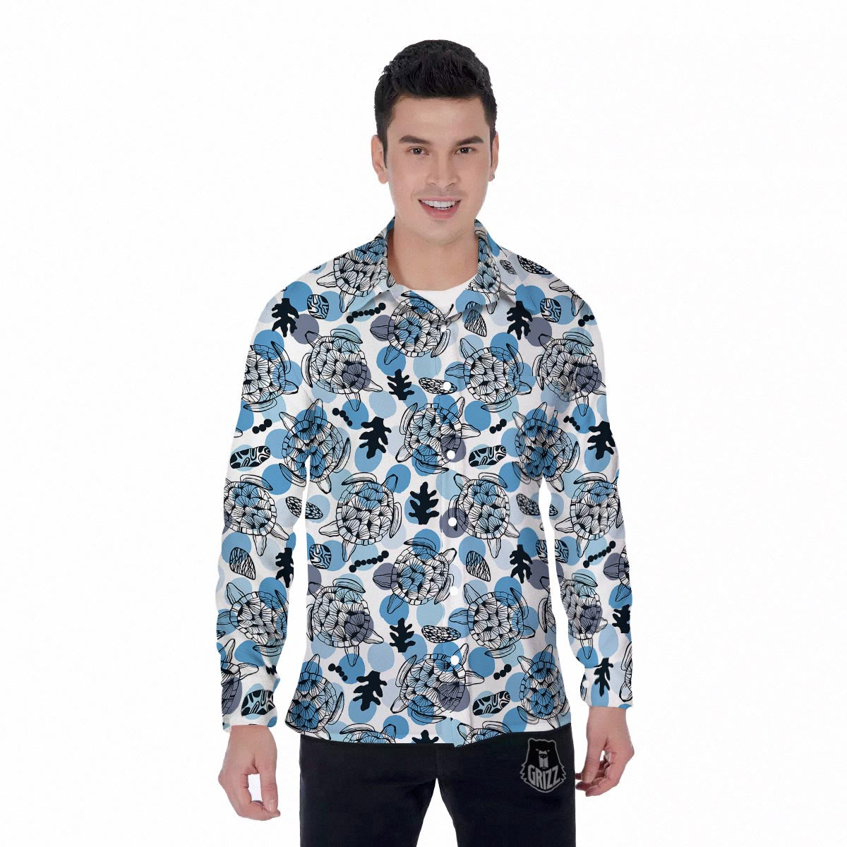 Shell Sea Turtle Print Pattern Men's Long Sleeve Shirts-grizzshop