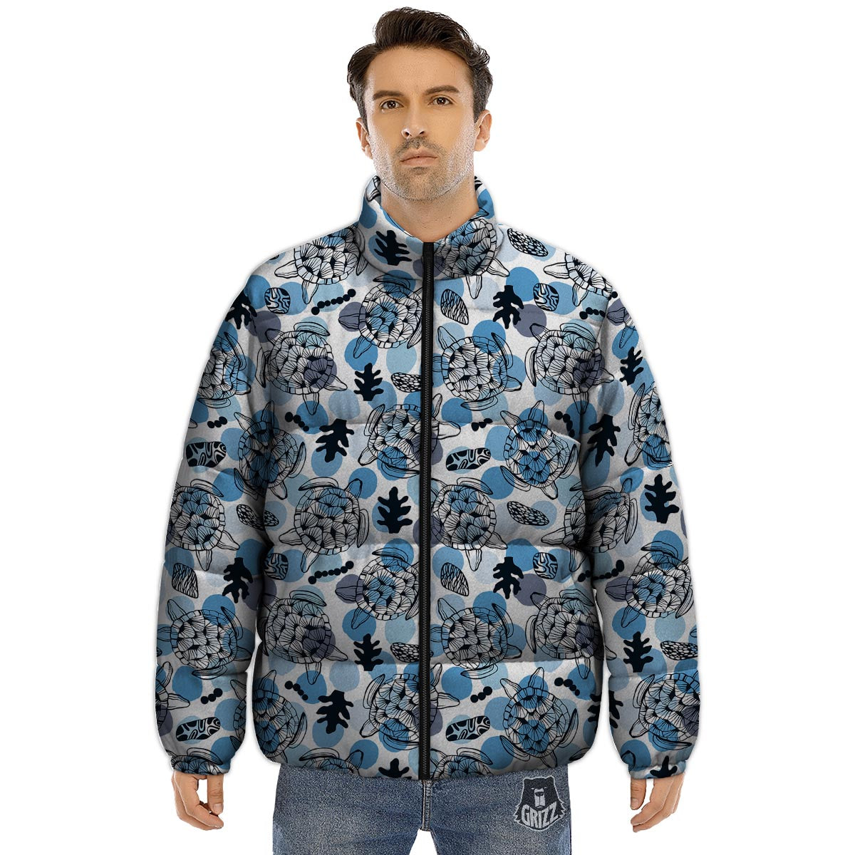 Shell Sea Turtle Print Pattern Puffer Jacket-grizzshop