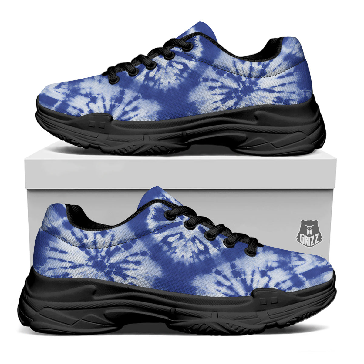 Shibori Blue Print Black Chunky Shoes-grizzshop