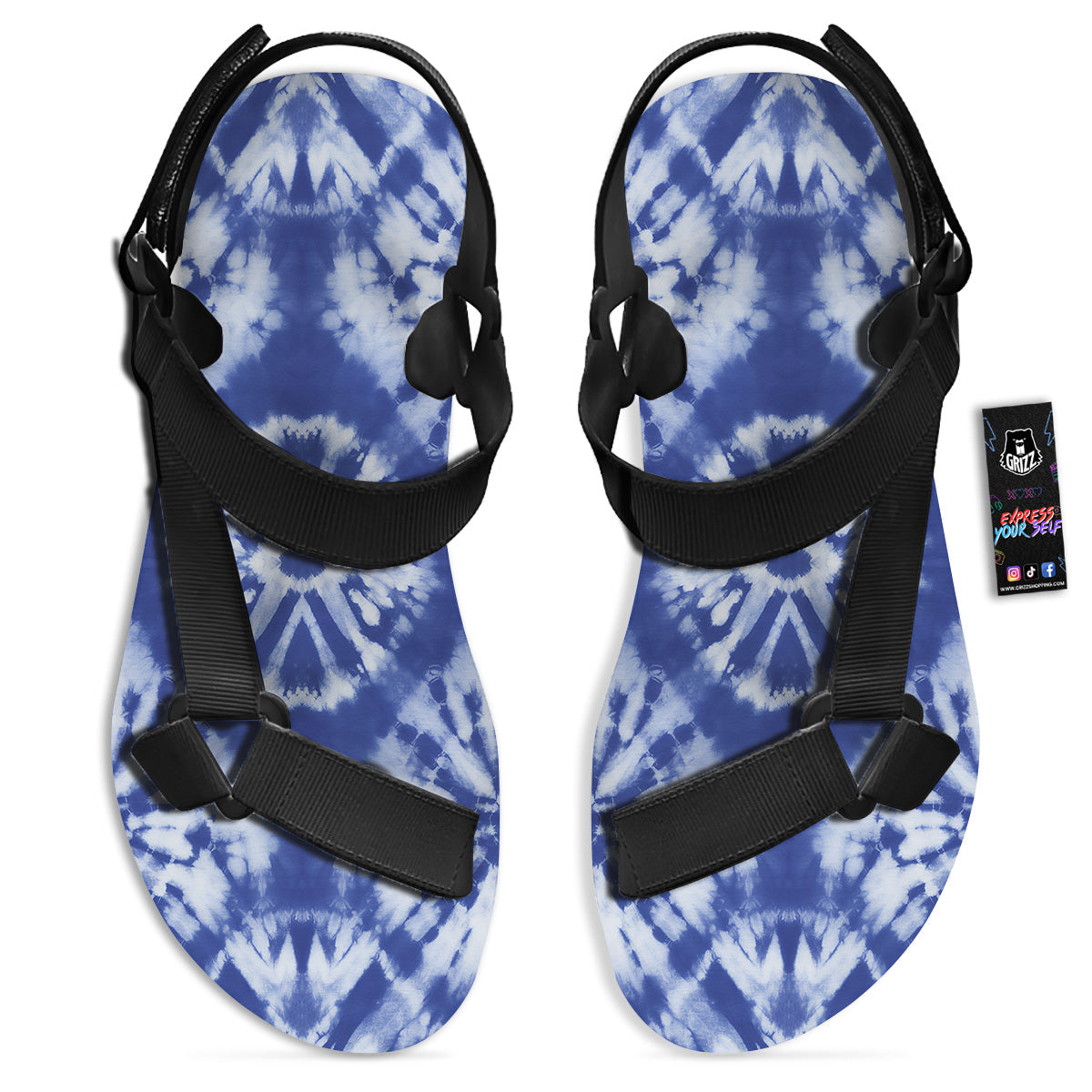 Shibori Blue Print Black Open Toe Sandals-grizzshop