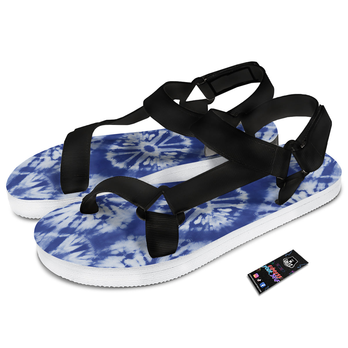 Shibori Blue Print Black Open Toe Sandals-grizzshop