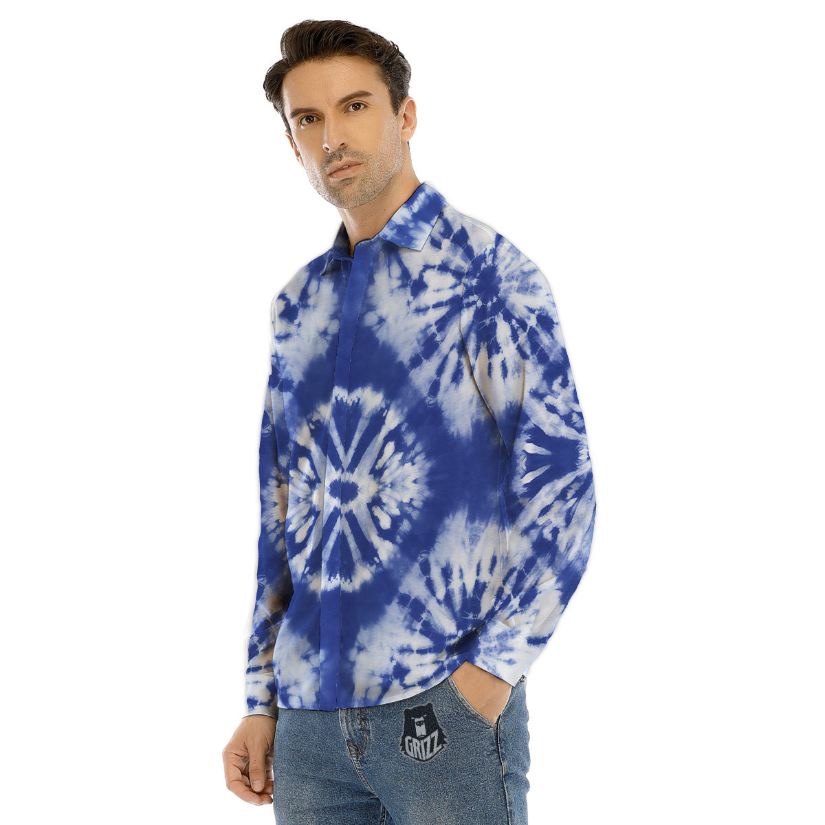 Shibori Blue Print Men's Dress Shirts-grizzshop