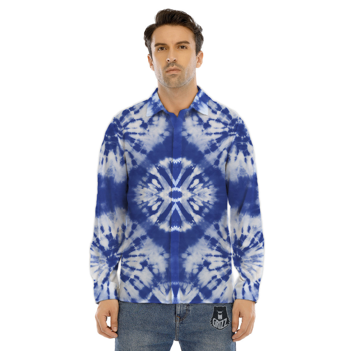 Shibori Blue Print Men's Dress Shirts-grizzshop