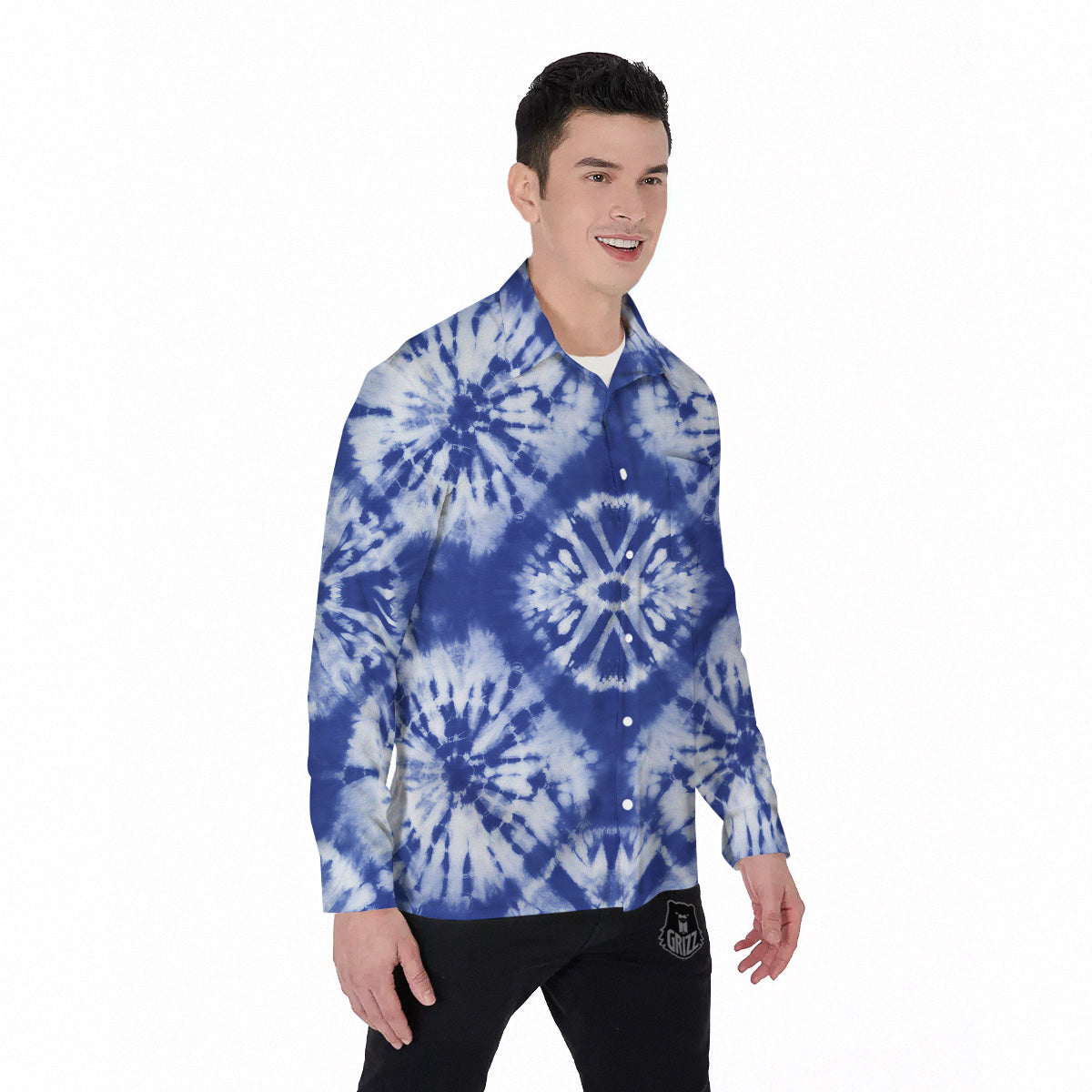 Shibori Blue Print Men's Long Sleeve Shirts-grizzshop