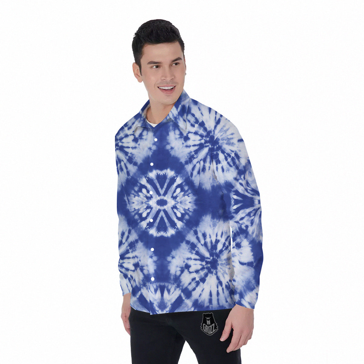Shibori Blue Print Men's Long Sleeve Shirts-grizzshop
